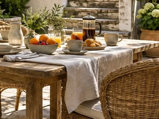 Fruit, pastries and coffee on an outdoor breakfast table