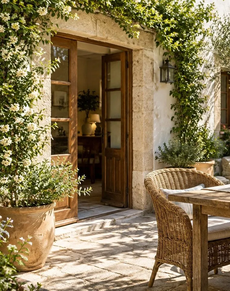 An open front door framed by climbing jasmine, with a lamplit lounge inside